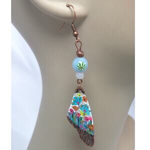 NEW Artisan Butterfly Wing Earrings Copper Oil Paint Floral Colorful Art Dangle